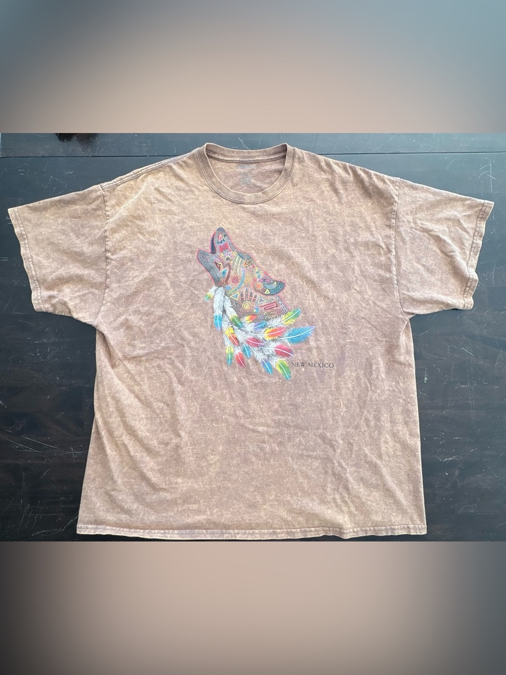 Acid wash embroidered New Mexico wolf tee